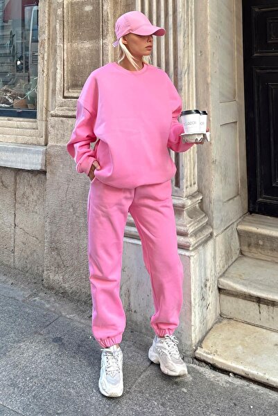 CLAYES Basic 100% βαμβακερό σετ αθλητικής φόρμας - Ροζ χειμωνιάτικο εσωτερικό Fleece Raised Rubber Leg Crew Neck