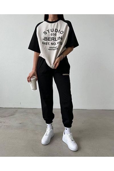 CLAYES Studio Printed Raglan Sleeve T-shirt Sweatpants Jogger-Printed Bottom Top Tracksuit Oversize Set
