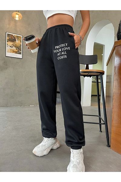 Sweetline Προστατέψτε το Sweatpants Jogger - Μαύρο εμπριμέ λαστιχένιο πόδι με ψηλή μέση
