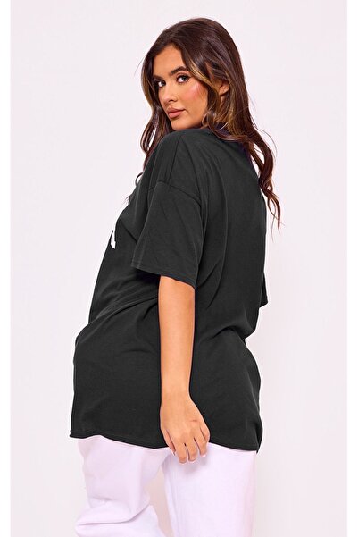 DUBU BUTİK T-Shirt - Μαύρο εμπριμέ κοντομάνικο μπλουζάκι με λαιμόκοψη