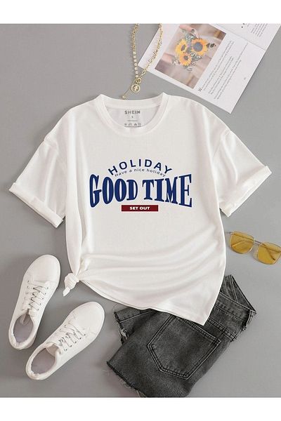 VBSVİBES Λευκό Oversize Holiday εμπριμέ πλεκτό μπλουζάκι