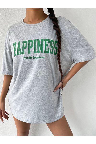 VBSVİBES Tricou tricotat unisex gri oversize Happiness imprimat