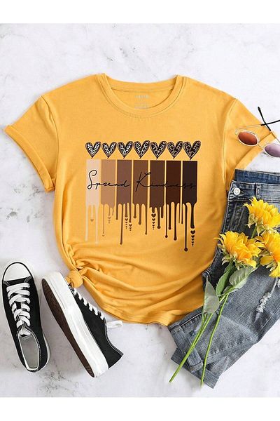 CLAYES Leopard Pattern Hearts Single Jersey T-Shirt - Yellow Printed Oversize Crew Neck Short Sleeve T-Shirt