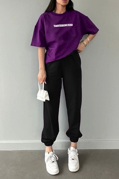 DUBU BUTİK Thatssofetch Purple Jogger Set - Μαύρο T-shirt και φούτερ, Crew Neck