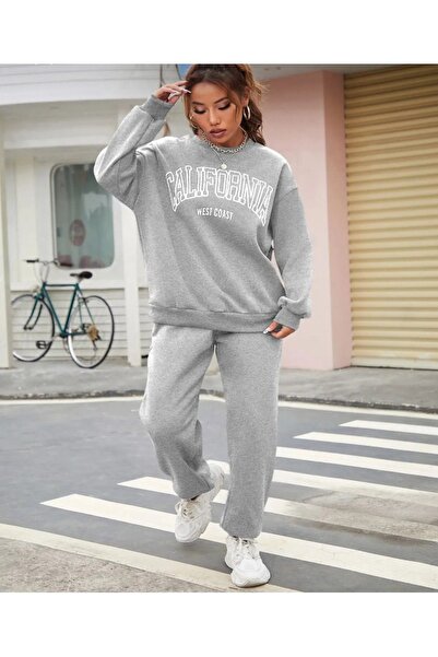 VBSVİBES Сірий каліфорнійський комплект Esofman з білим принтом з вирізом горловини