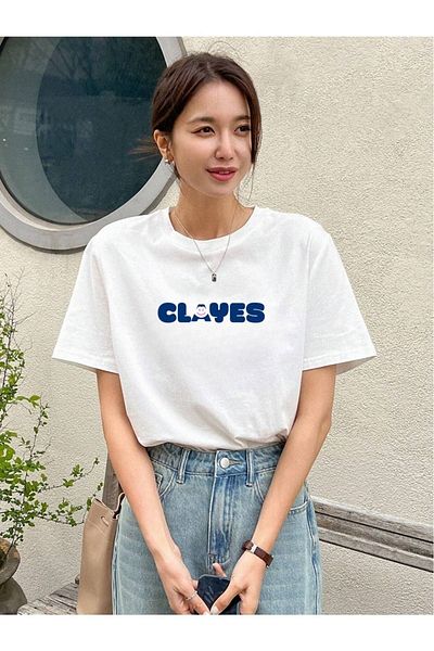 CLAYES Smile Clayes Single Jersey T-Shirt - Λευκό εμπριμέ κοντομάνικο μπλουζάκι με λαιμόκοψη