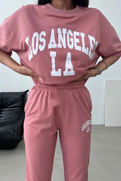 CLAYES Los Angeles T-shirt Sweatpants Jogger- Σετ φόρμας με ροζ εμπριμέ στο κάτω μέρος Oversize Crew Neck