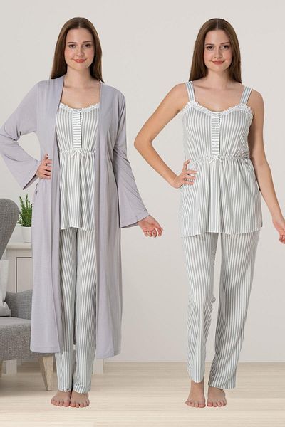LOHOUSE Women's Gray Striped Maternity Dressing Gown 3-Piece Pajama Set