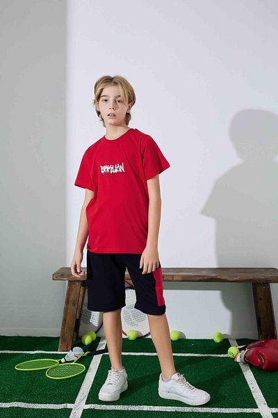 RAPAPA Male Child Summer Combed Cotton Bottom Top Shorts Suit 3955 Red