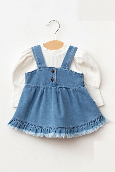 Cantoy Kız Bebek Püsküllü Kot Jile Elbise Balon Bluz Lüks Jean Takım