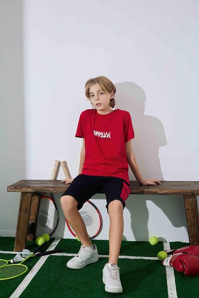 RAPAPA Male Child Summer Combed Cotton Bottom Top Shorts Suit 3955 Red