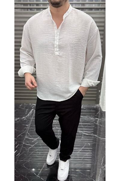 JR Boutique Ανδρικό μακρυμάνικο πουκάμισο με μισό πατιλέτα Oversize Judge Collar - Λευκό