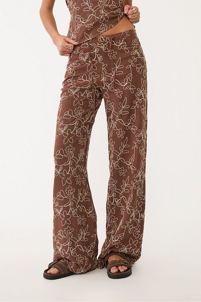 Stradivarius Linen blend embroidered straight-leg trousers