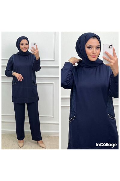QUAWEAR Crew Neck Stone Embroidered Pocket Parachute Fabric Detailed Tunic and Trousers Knitted Fabric Double Set