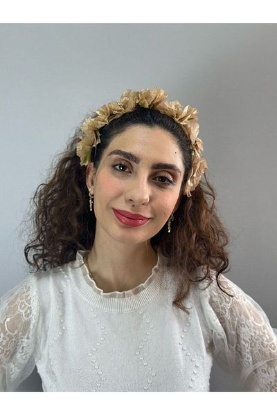 Gönülden Tasarım Embossed Flowery Woman's Crown Hair Accessory Cream Color