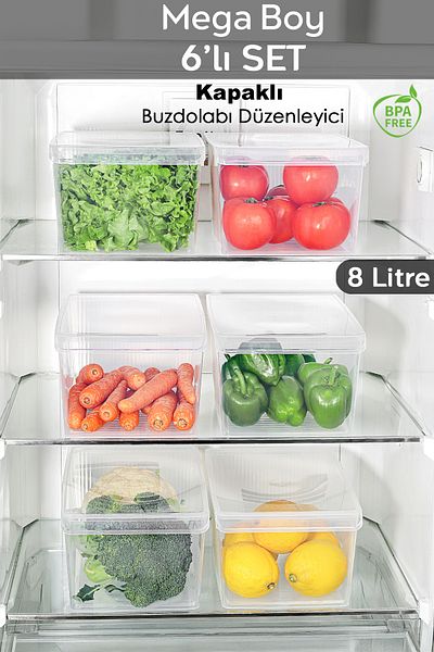 Meleni Home 6 Pieces of Covered Cabinet Refrigerator Organizer - Organizer Basket Fruit Vegetable Storage Container 8 Lt
