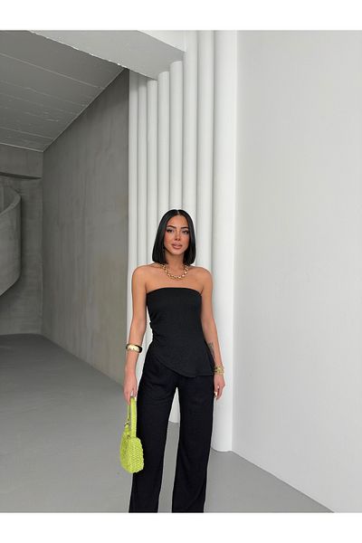 ELBEY Strapless Blouse Trousers Double Set with Side Slits