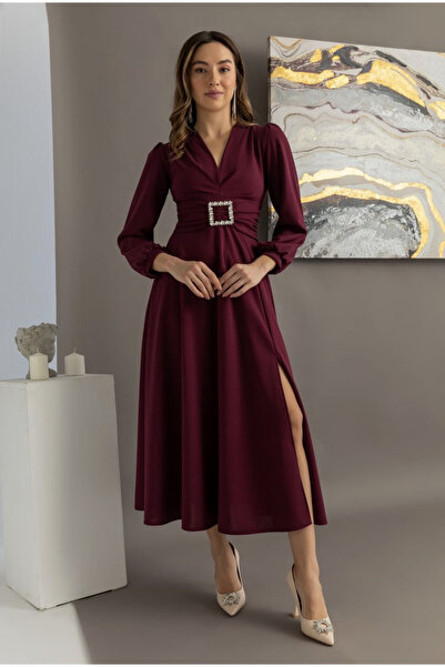 mass fashion Kadın Taş Toka Detaylı Yırtmaçlı Kloş Elbise