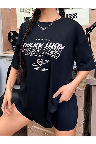 DUBU BUTİK T-shirt Milky Way - Μαύρο Oversize Printed Crew Neck