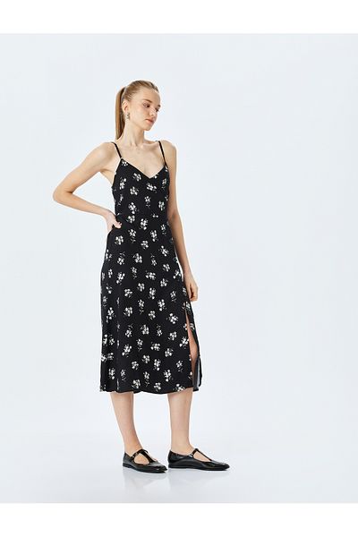 Koton New Season Rope Strap Double Breasted Collar Floral Buttoned Viscose Midi Dress