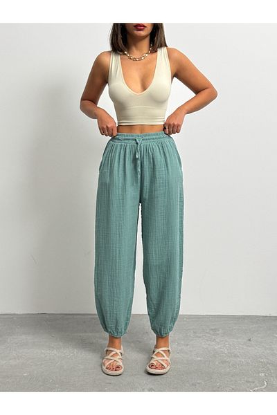 Lusin Women's Gray Pocket Elastic Waist Lace up Linen Viscose High Waist Balloon Pants