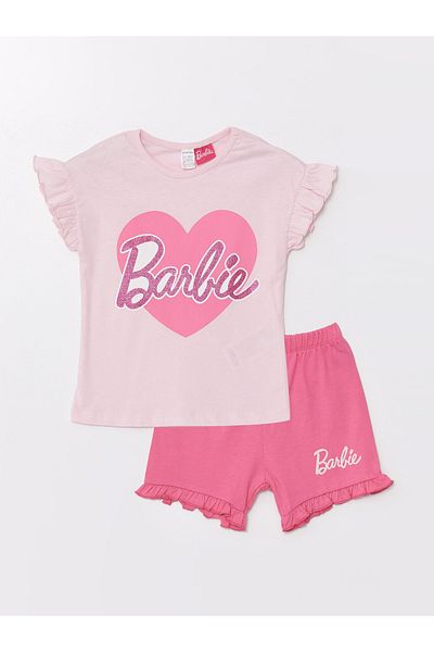LC Waikiki Crew Neck Short Sleeve Barbie Printed Baby Girl Shorts Pajamas Set