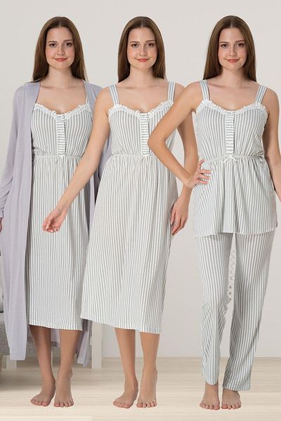 LOHOUSE Gray Striped Maternity Pajama Set with Straps, Set of 4