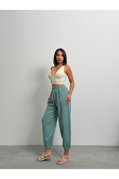 Lusin Women's Gray Pocket Elastic Waist Lace up Linen Viscose High Waist Balloon Pants