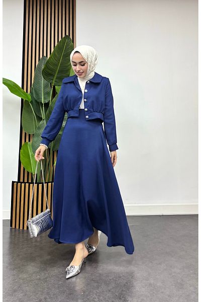 FREEMİH TEKSTİL Navy Blue Zümra Skirted Double Hijab Suit