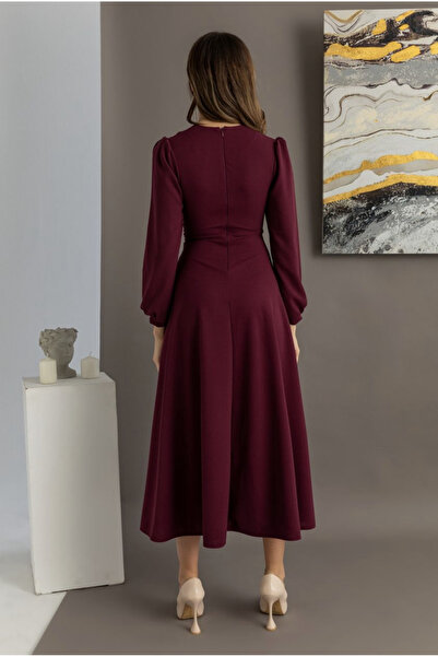 mass fashion Kadın Taş Toka Detaylı Yırtmaçlı Kloş Elbise