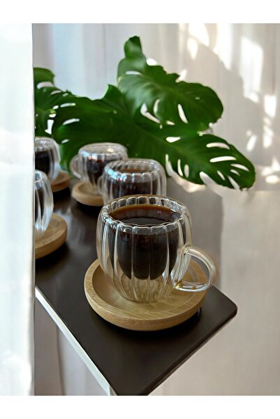 CERATALE 6'lı Bambu Tabak Çift Cidarlı Kahve Takımı Fincan Çizgili