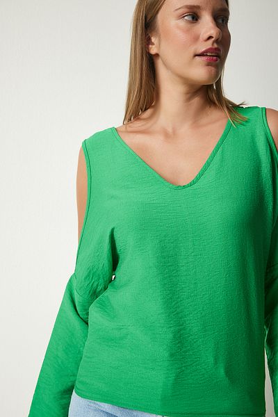Lovelyİstanbul Bluză Ayrobin drapată cu umăr verde LTO0048