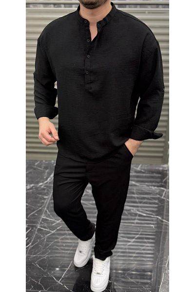 JR Boutique Ανδρικό μακρυμάνικο πουκάμισο με μισό πατιλέτα Oversize Judge Collar - Μαύρο