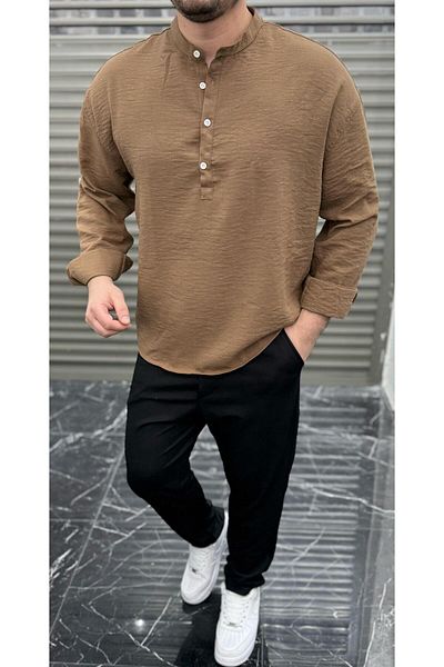 JR Boutique Ανδρικό μακρυμάνικο πουκάμισο με μισό πατιλέτα Oversize Judge Collar - Καφέ