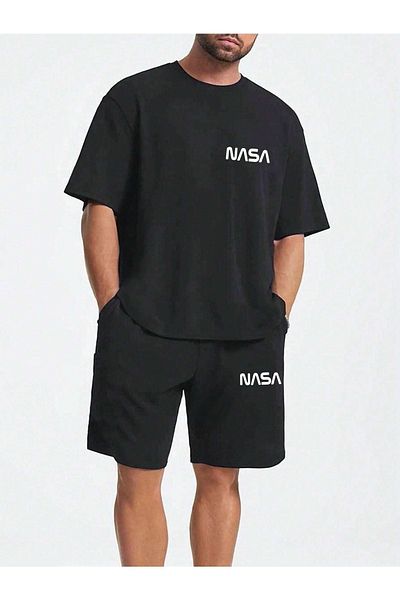 DUBU BUTİK Nasa Logo T-shirt Shorts - Black Bottom Top Combination Shorts T-shirt Set Printed Oversize Crew Neck