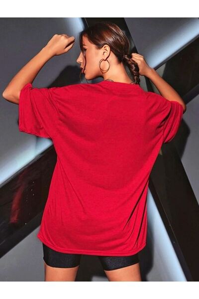 DUBU BUTİK Unisex Red Cotton Oversize T-shirt - Crew Neck