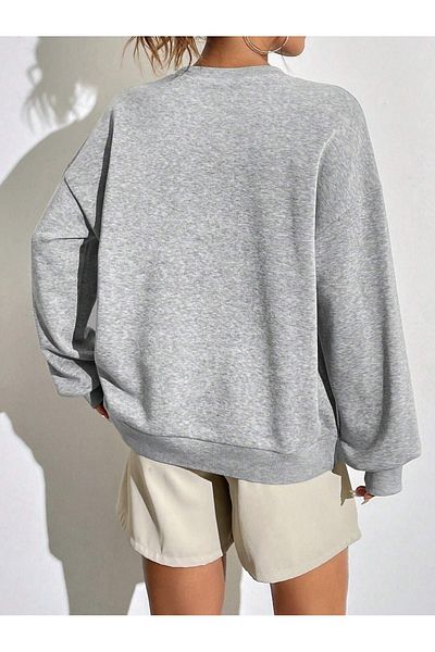 DUBU BUTİK Montanm State Sweatshirt - Gray Printed Oversize Crew Neck