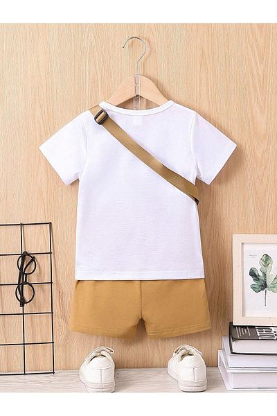 DUBU BUTİK Smiling Face Printed Children's Suit White T-shirt Beige Shorts Girl Boy Crew Neck Bag None in My Suit