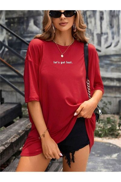 DUBU BUTİK Let's Get Lost T-Shirt - Κόκκινη στάμπα με κοντό μανίκι με λαιμόκοψη