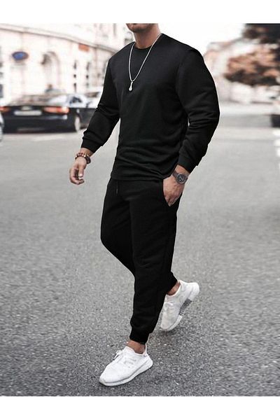 DUBU BUTİK Basic Απλό Σετ Φούτερ Jogger - Μαύρο Oversize Raised Crew Neck