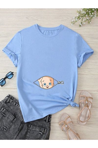 DUBU BUTİK Μπλουζάκι Pregnant Gebe Baby Zipper Printed - Baby Blue Crew Neck Oversize T-shirt