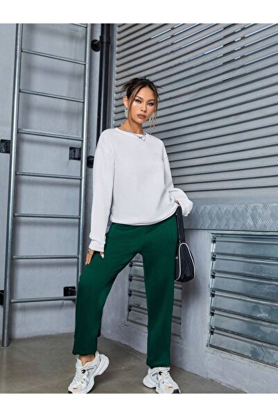 DUBU BUTİK Basic απλό σετ αθλητικής φόρμας Λευκό φούτερ Green Jogger - Oversize Raster Crew Neck