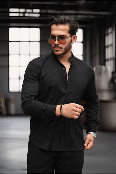 Valiberta Hakim Collar Oxford Fabric Long Sleeve Shirt - Black