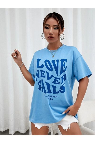 DUBU BUTİK T-shirt Love Neverfails - Baby Blue Printed Oversize Crew Neck T-shirt με κοντό μανίκι