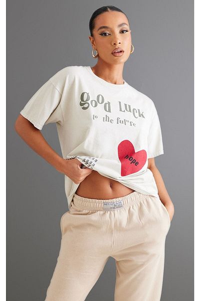 DUBU BUTİK Tricou Hope Oversize Mink - Imprimat Oversize