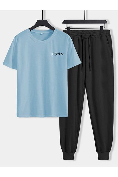 DUBU BUTİK Μπλε μπλουζάκι Μαύρο Φούτερ Jogger- Σετ φόρμας με στάμπα στο κάτω μέρος Oversize Crew Neck