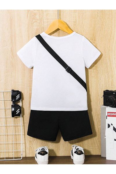 DUBU BUTİK Smiling Face Printed Children's Suit White T-shirt Black Shorts Girl Boy Crew Neck Bag None in My Suit