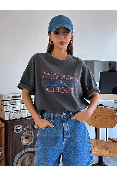 DUBU BUTİK تي شيرت مدخن كبير الحجم Marvelous - مطبوع كبير الحجم