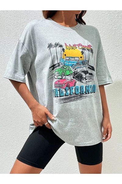 DUBU BUTİK California Cars T-shirt - Gray Printed Oversize Crew Neck Short Sleeve T-Shirt