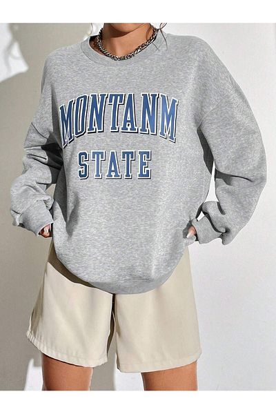 DUBU BUTİK Montanm State Sweatshirt - Gray Printed Oversize Crew Neck